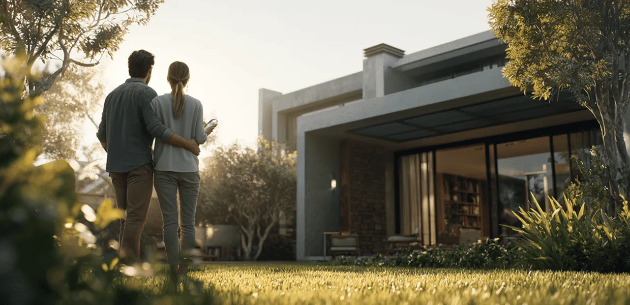 Couple standing arm in arm in a sunlit garden, looking at a modern house with large windows and outdoor seating.