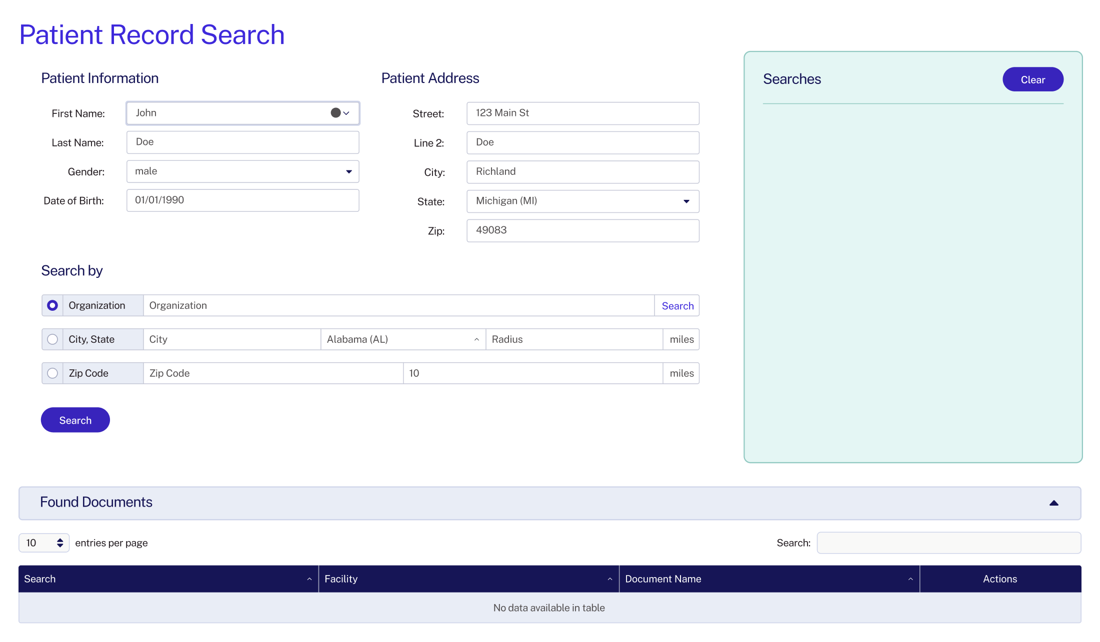 Screen showing GetPatientRecords user-friendly Patient Record Search interface