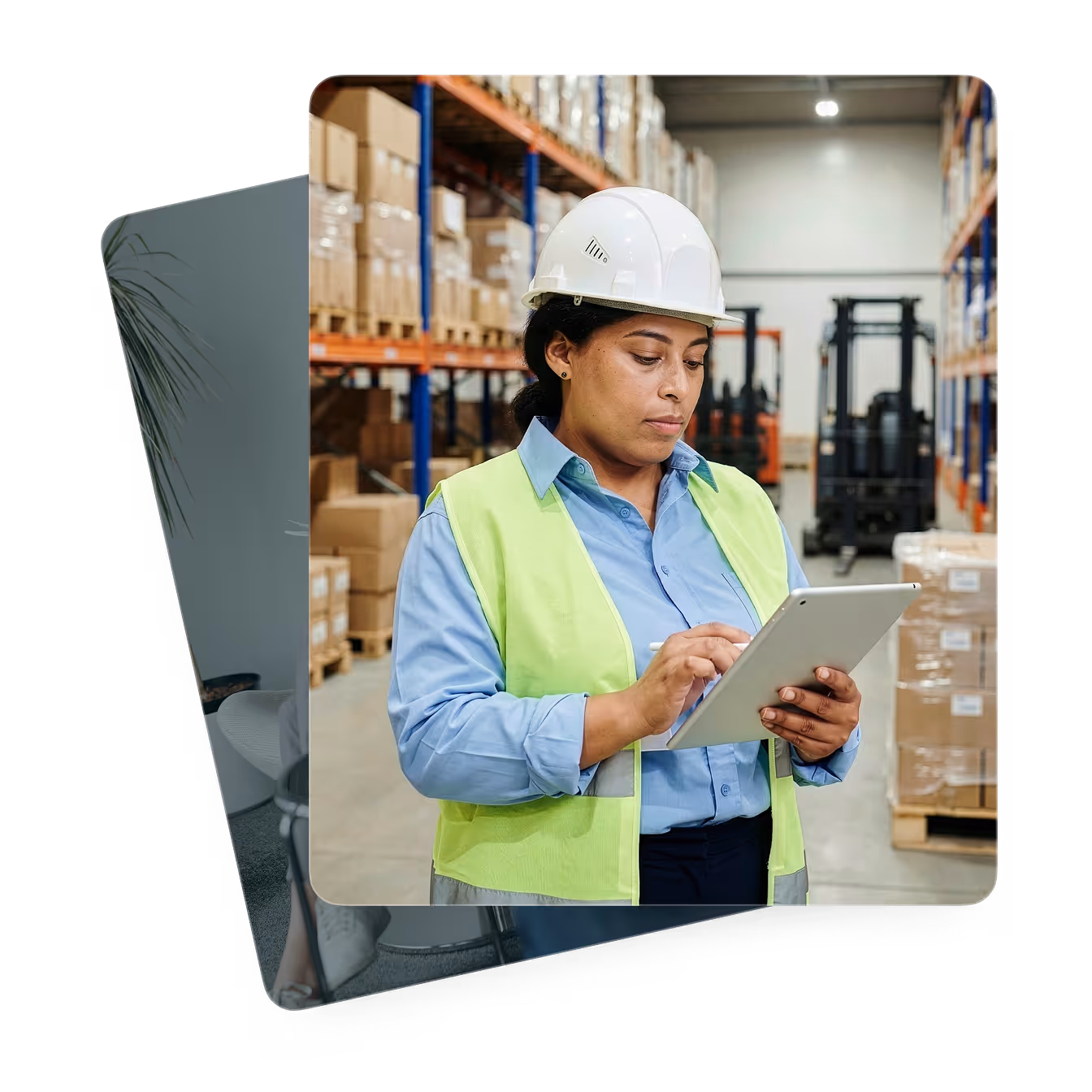 Warehouse worker wearing a hard hat and safety vest checks inventory on a tablet.