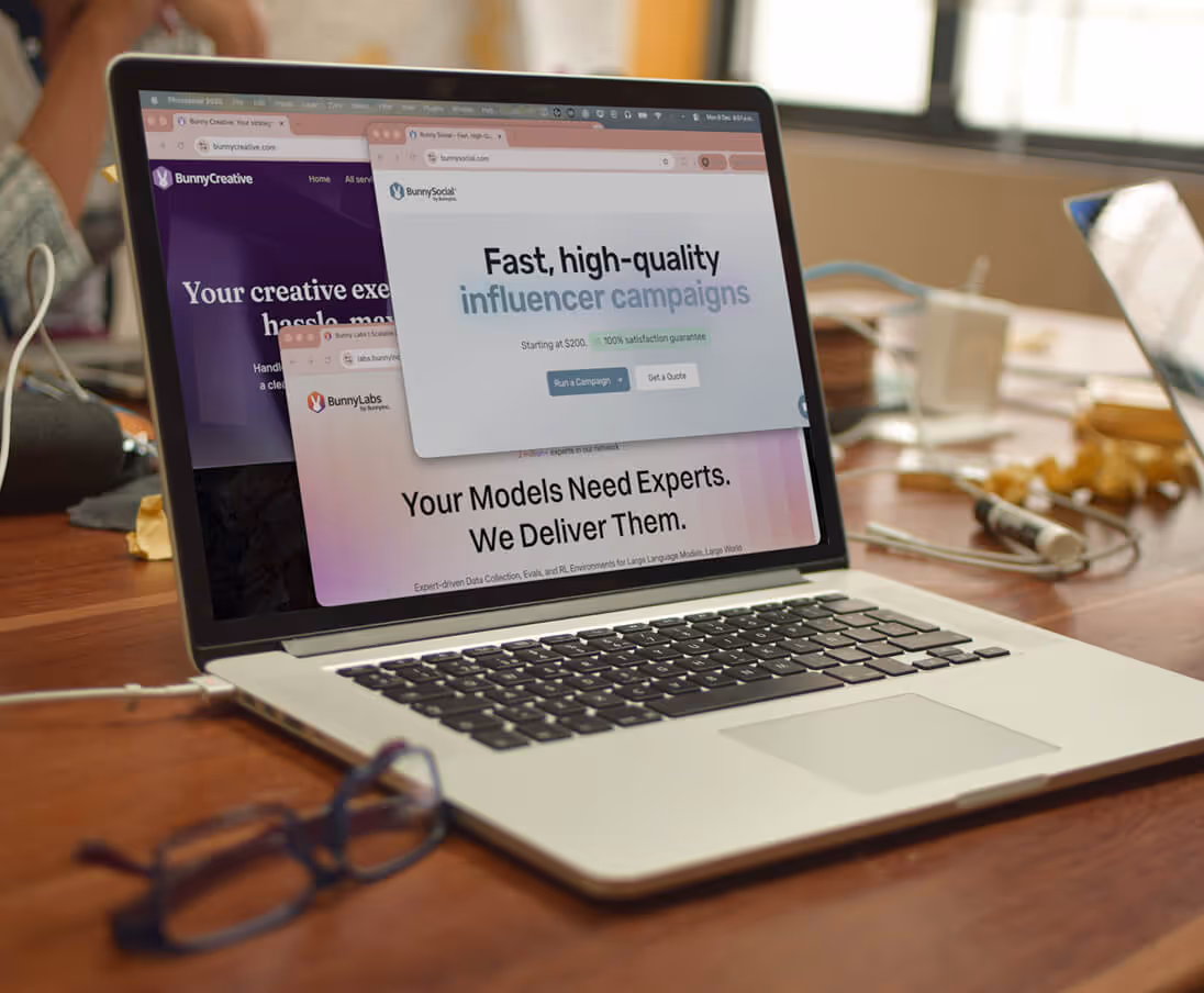 Laptop showing Bunny Inc's family websites.