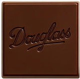 Square piece of milk chocolate with the word 'Douglass' engraved on its surface.