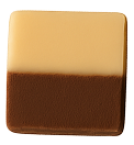 Square chocolate fudge piece with light brown top layer and dark brown bottom layer.