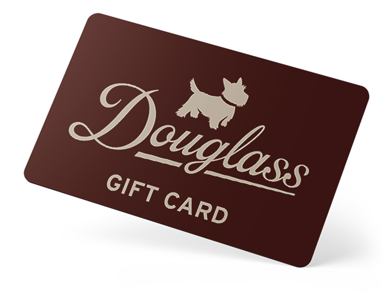Brown gift card with a small dog silhouette and the text 'Douglass Gift Card' in beige.