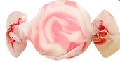 Pink and white swirled taffy candy wrapped in clear plastic.