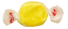 Yellow round candy wrapped in white translucent paper with red twist ties on both ends.