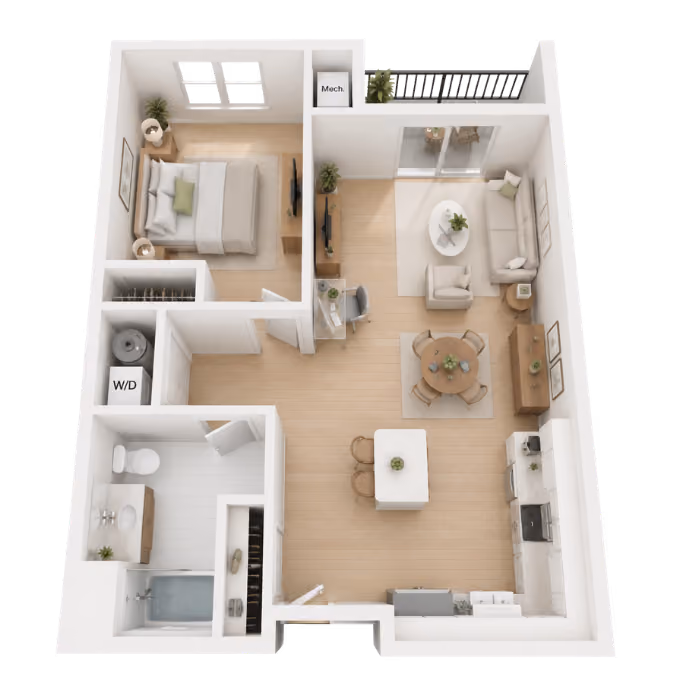 Covered Bridge Newtown 1-bedroom apartment floor plan with kitchen, dining, living area, bathroom, bedroom, and balcony.
