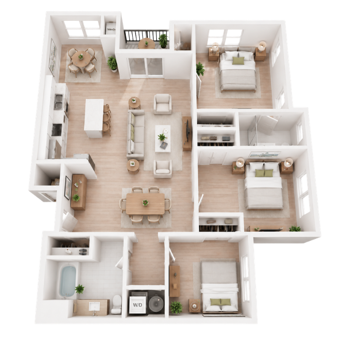3-bedroom apartment Covered Bridge Newtown CT,  floor plan with an open living room, kitchen with island, dining area, balcony, two bathrooms, laundry space, and three bedrooms.