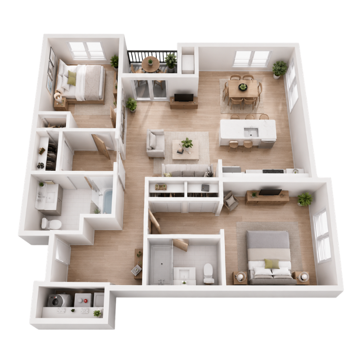 3D floor plan of a two-bedroom apartment Covered Bridge Newtown CT, featuring a living room, kitchen with island, dining area, two bathrooms, closet spaces, and a balcony.