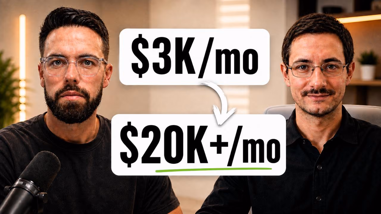 Two men with glasses sit side by side, text shows increase from $3K to $20K+ per month.