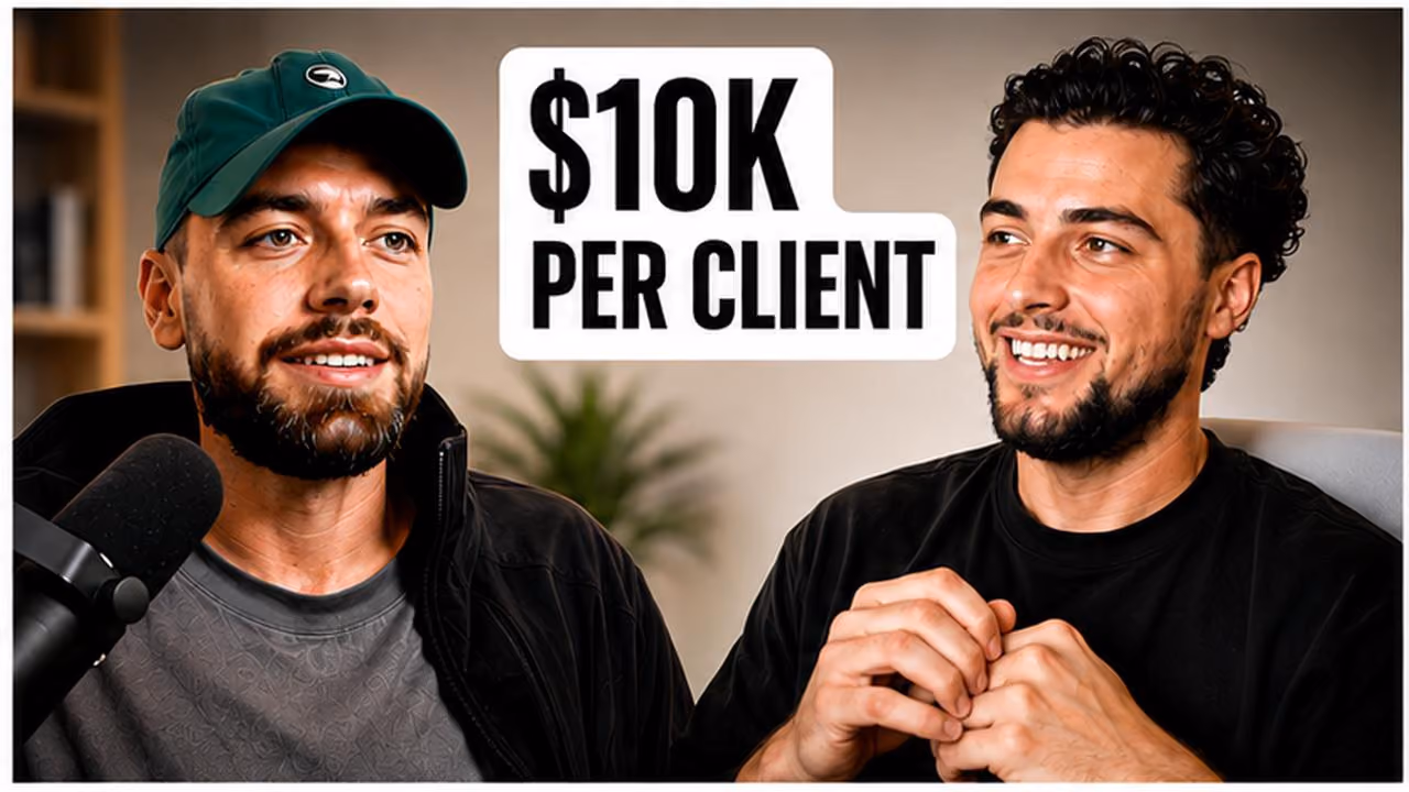 Two men smiling and talking, with text reading '$10K per client' between them.