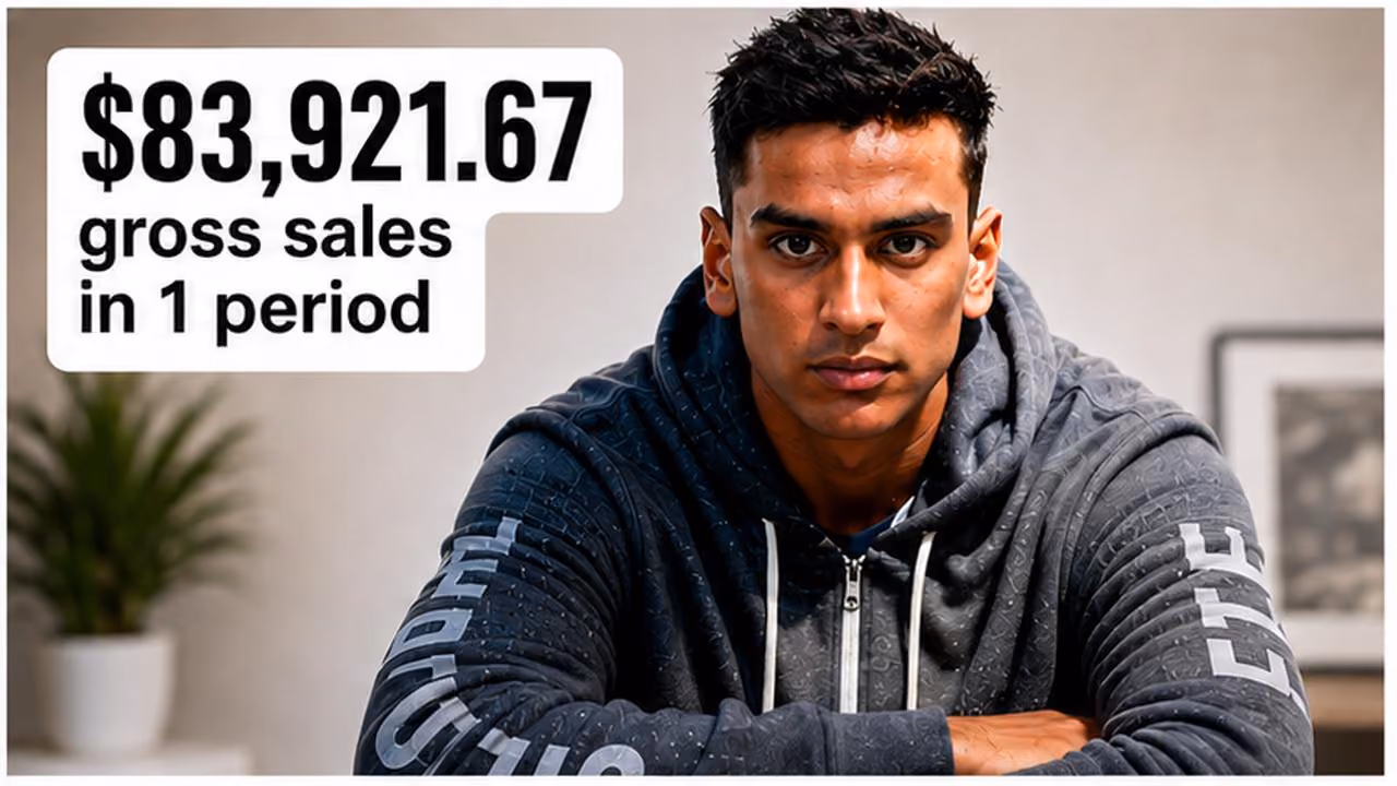 Man in a dark hoodie sits with folded arms and serious expression, $83,921.67 gross sales text on left.