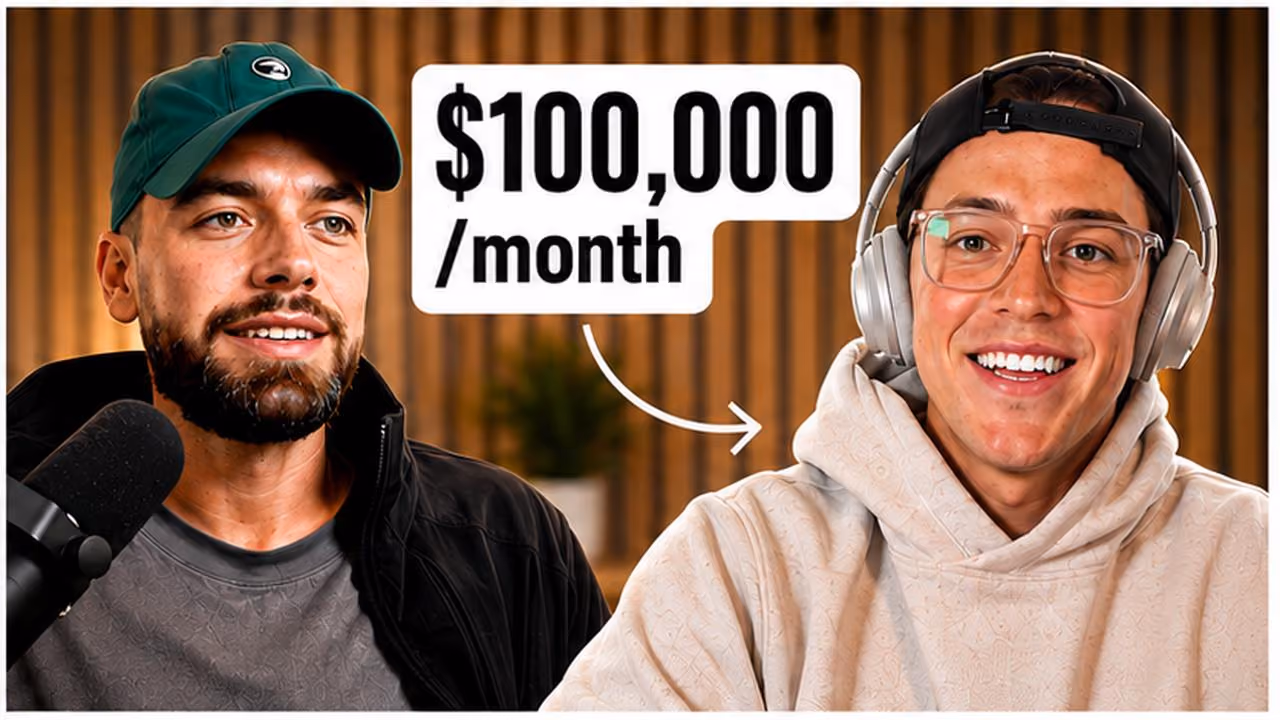 Two men smiling; one wears a green cap and microphone, the other glasses and headphones with $100,000/month text.