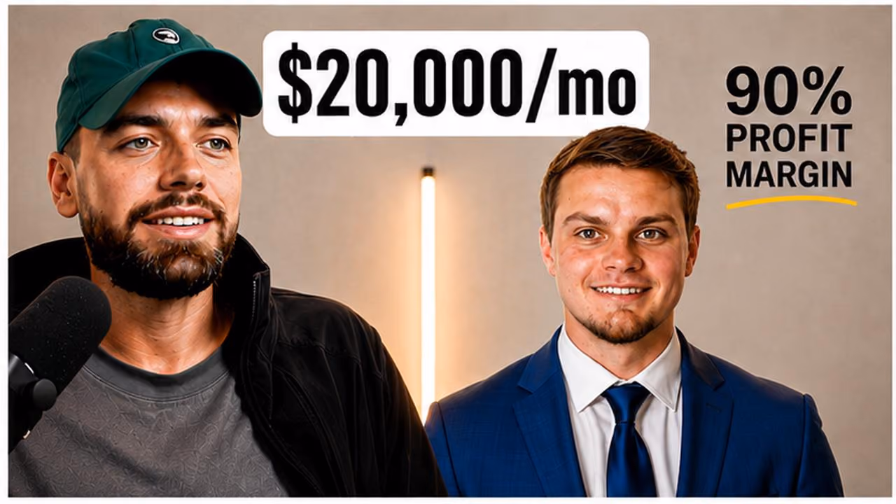 Two men with text $20,000/mo and 90% profit margin above them in a studio setting.