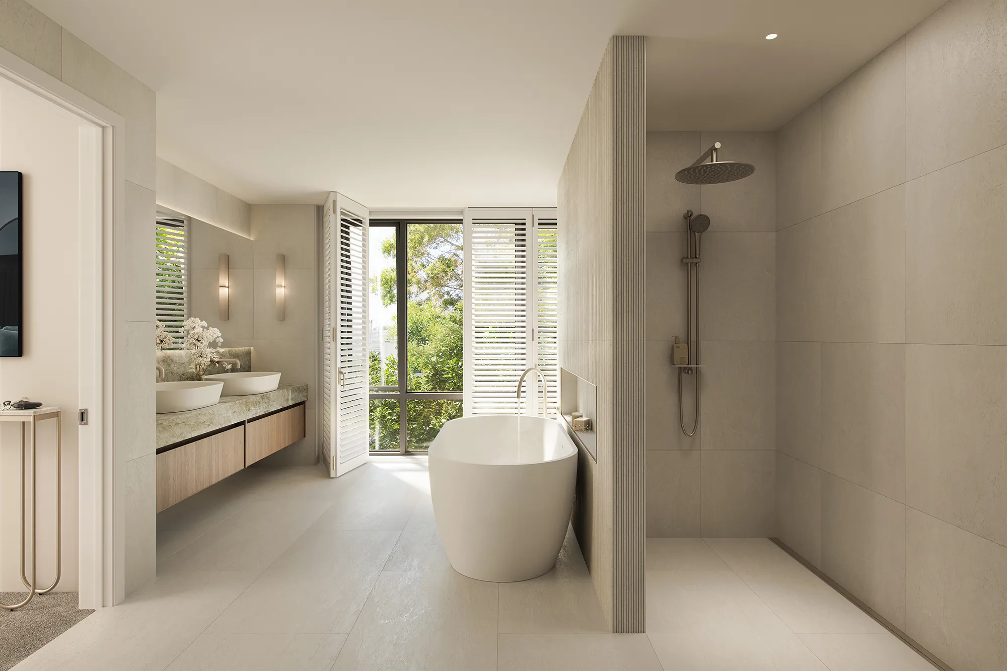 Modern bathroom featuring a freestanding bathtub next to a large window with white shutters, a walk-in shower with a rain showerhead, and a double vanity with vessel sinks.