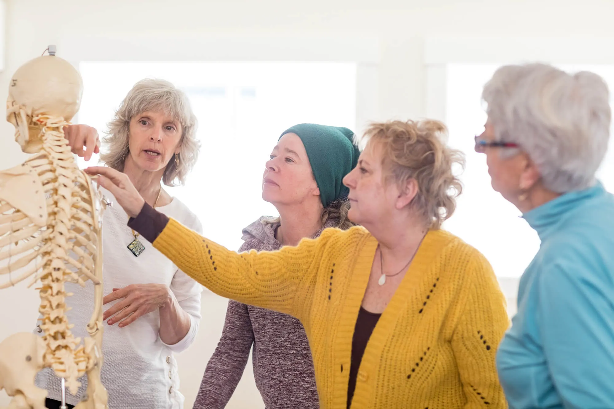 Four women closely examining and discussing a human skeleton model indoors.