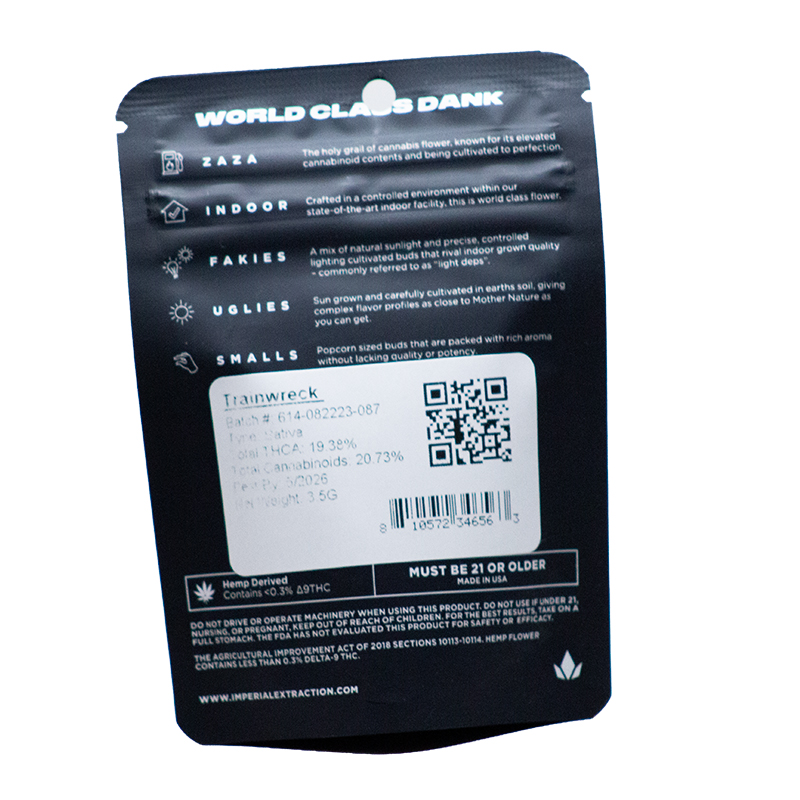Back view of Imperial Trainwreck flower packaging