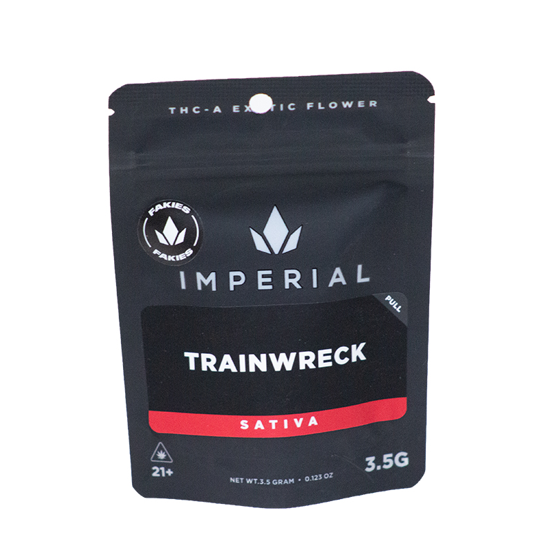 Front view of Imperial Trainwreck flower packaging