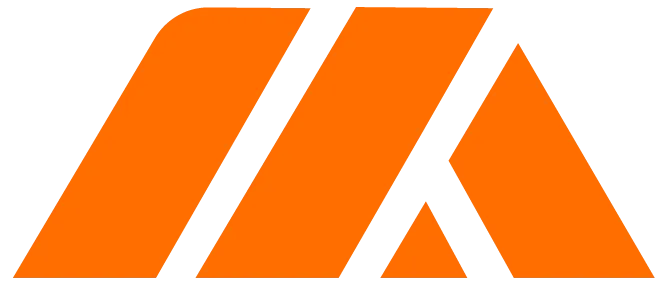 Orange geometric logo with three slanted shapes forming a stylized 'M'.