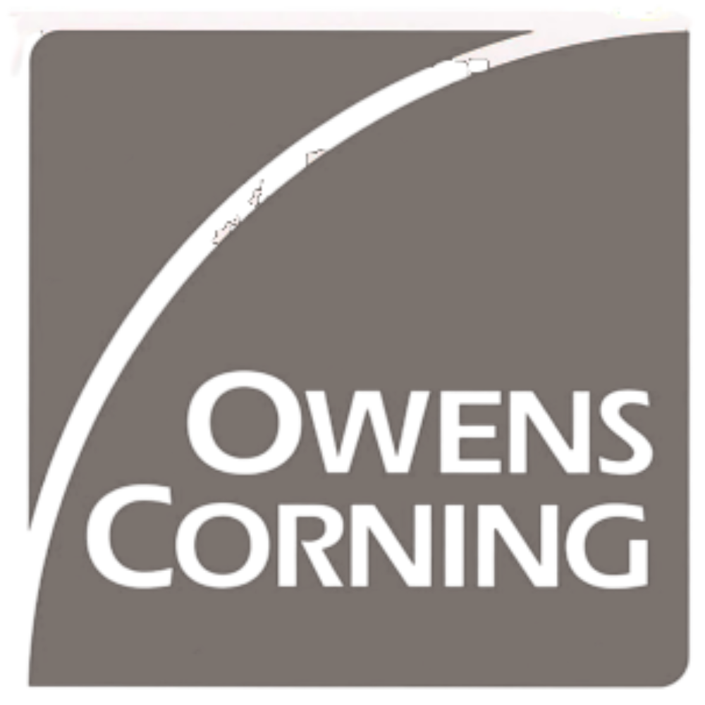 Owens Corning company logo with stylized curved line on square background.