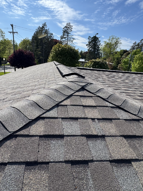 View along a roof covered with grey asphalt shingles under a partly cloudy blue sky and surrounded by green trees.