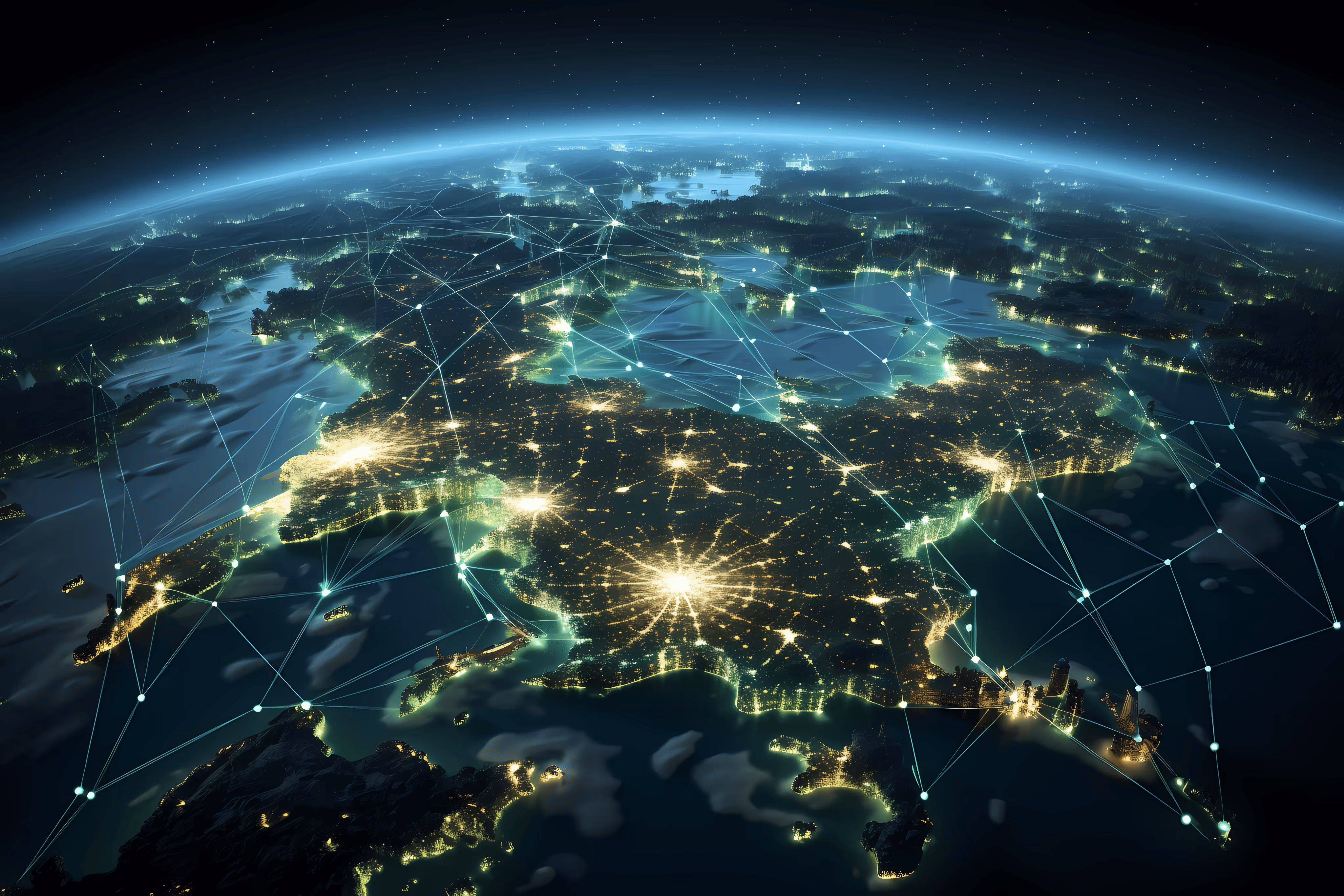Night view of Europe from space with illuminated cities and digital network connections overlay.