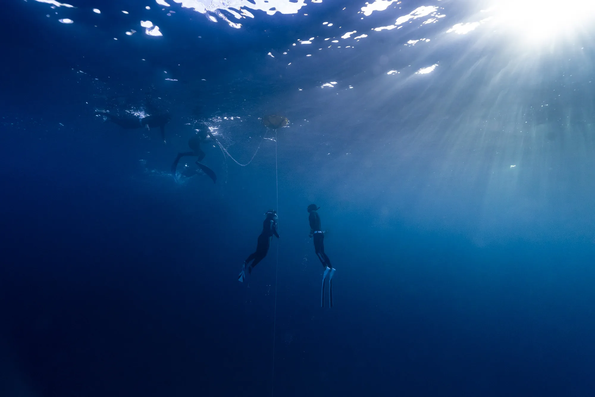 Two freedivers in wetsuits ascending underwater alongside a buoy line with sunlight streaming through the water surface above.