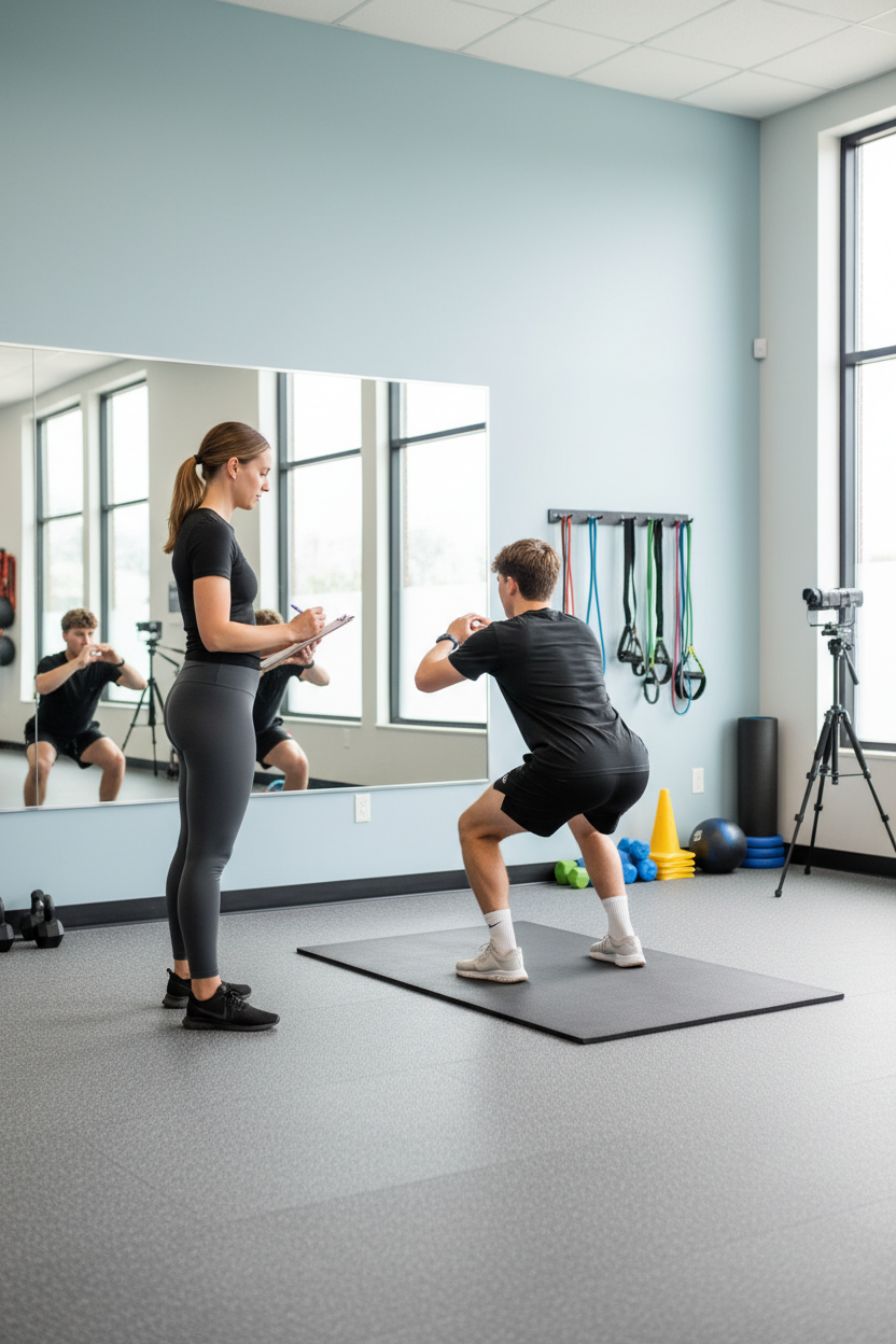 Physical therapist conducting performance movement assessment for athlete in Richmond physical therapy clinic