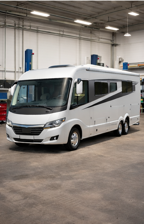 White motorhome with black and gray accents parked inside a spacious garage with automotive lifts and equipment.