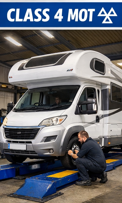 Mechanic inspecting a white motorhomes tyre in a garage under a Class 4 MOT sign.