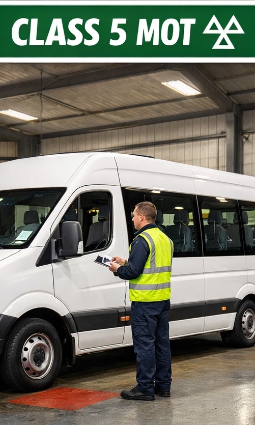 A man in a high-visibility vest inspecting a white minibus inside a garage under a Class 5 MOT sign.