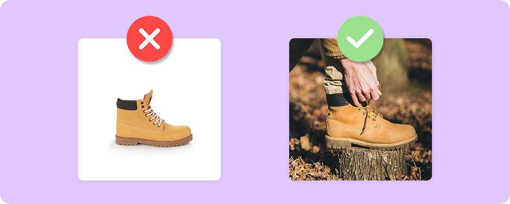 two images of a shoe, one with a white background and one with a forest background