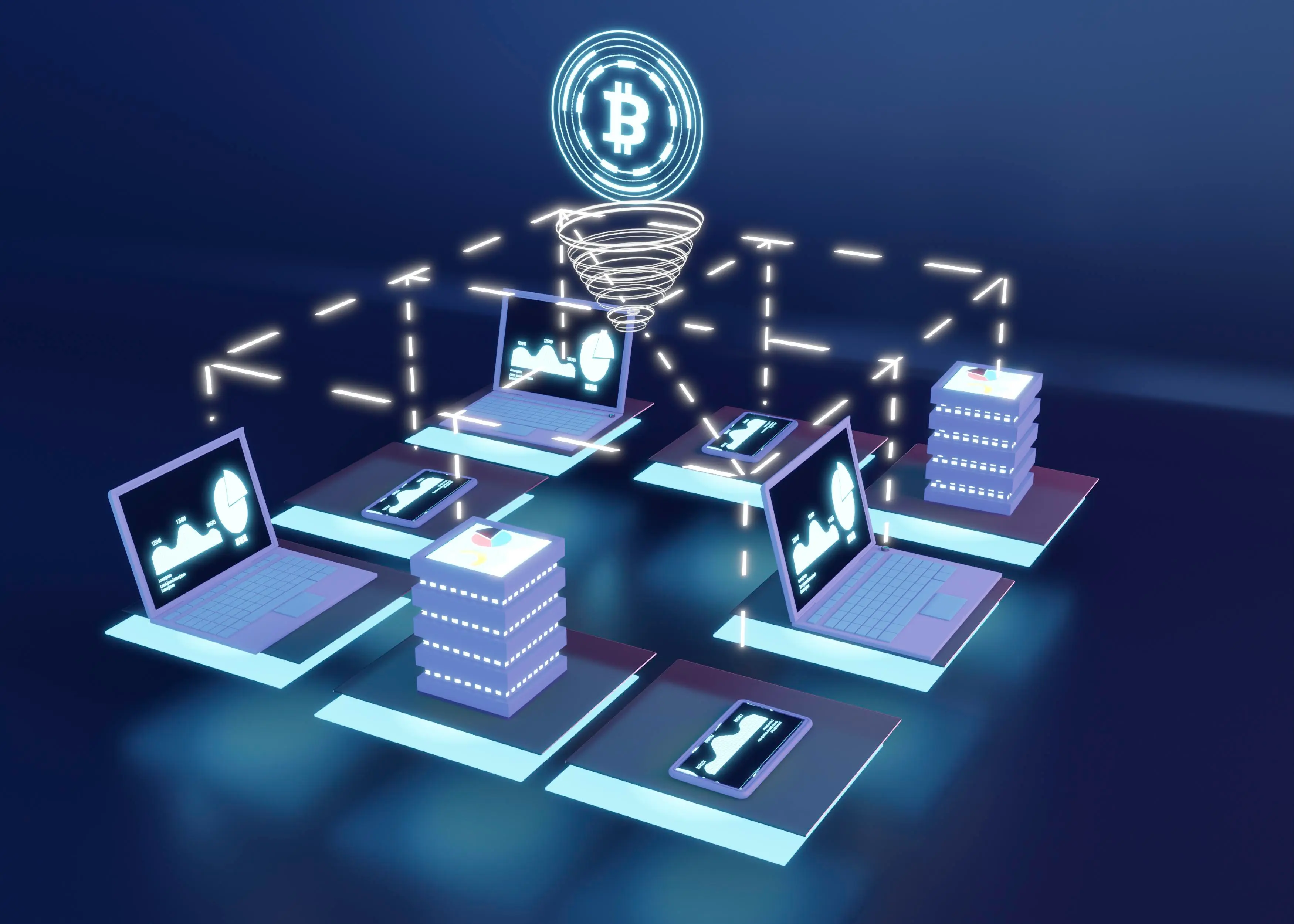 3D digital illustration of laptops, servers, and mobile devices connected in a blockchain network with a glowing Bitcoin symbol above.