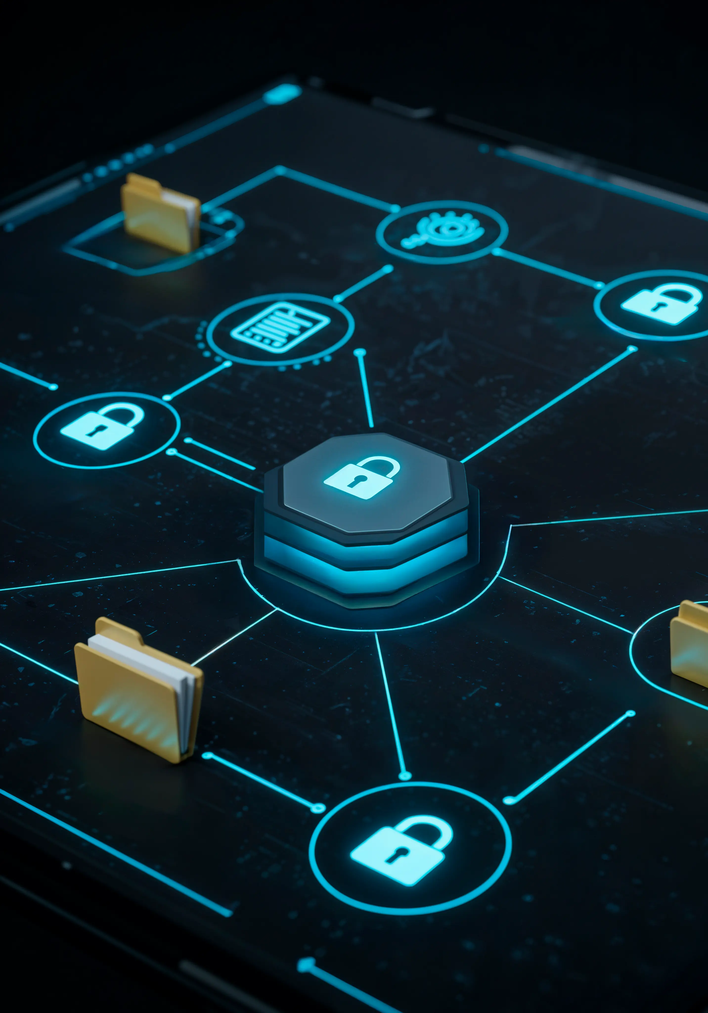 Digital network interface showing interconnected security icons with locks and folders symbolizing data protection and cybersecurity.