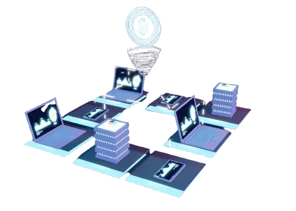 3D conceptual rendering of a blockchain network with laptops and servers connected in a circle and a floating Bitcoin symbol above.