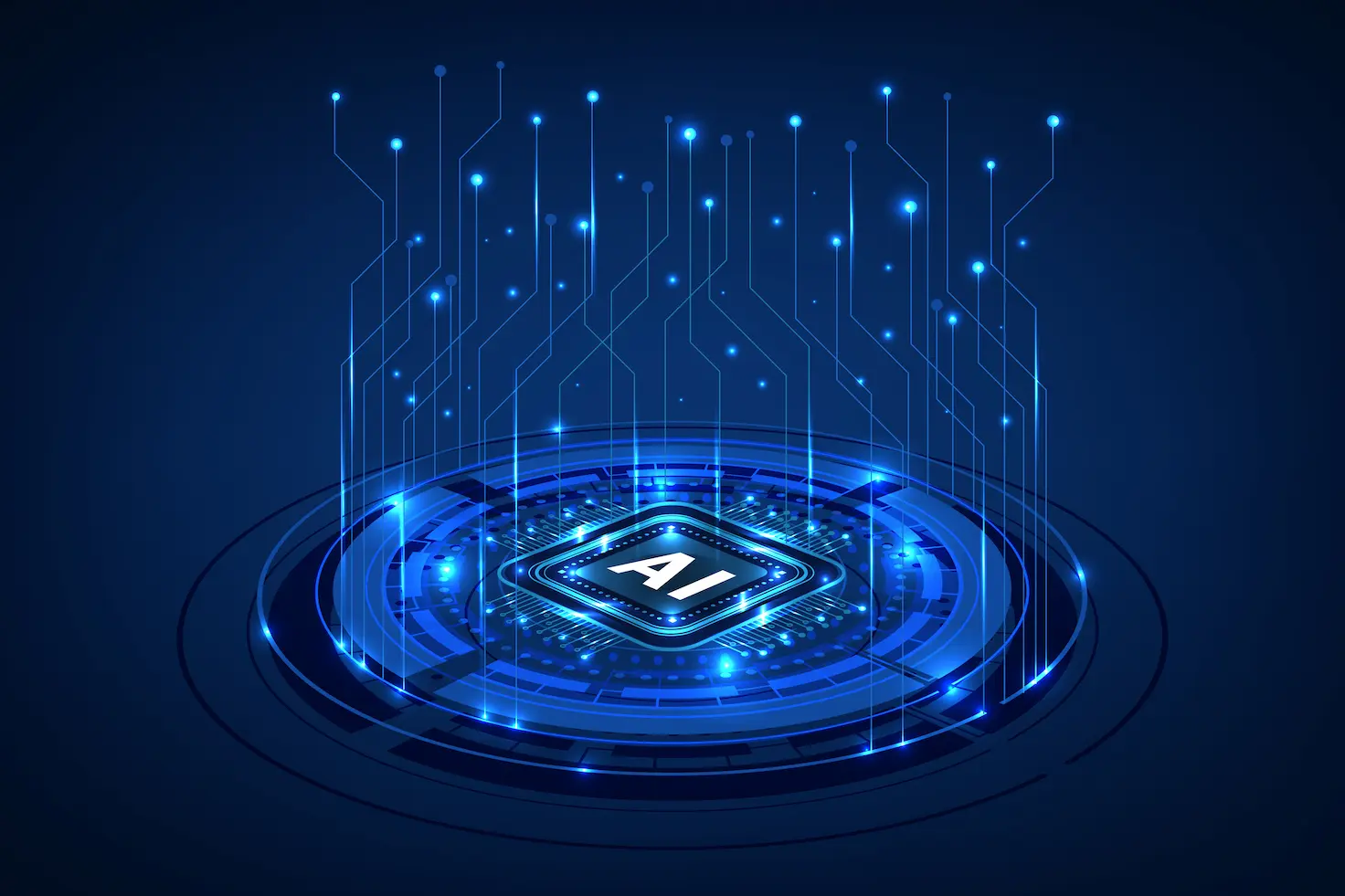 Glowing blue AI chip surrounded by digital circuit lines rising upwards on a dark blue background.
