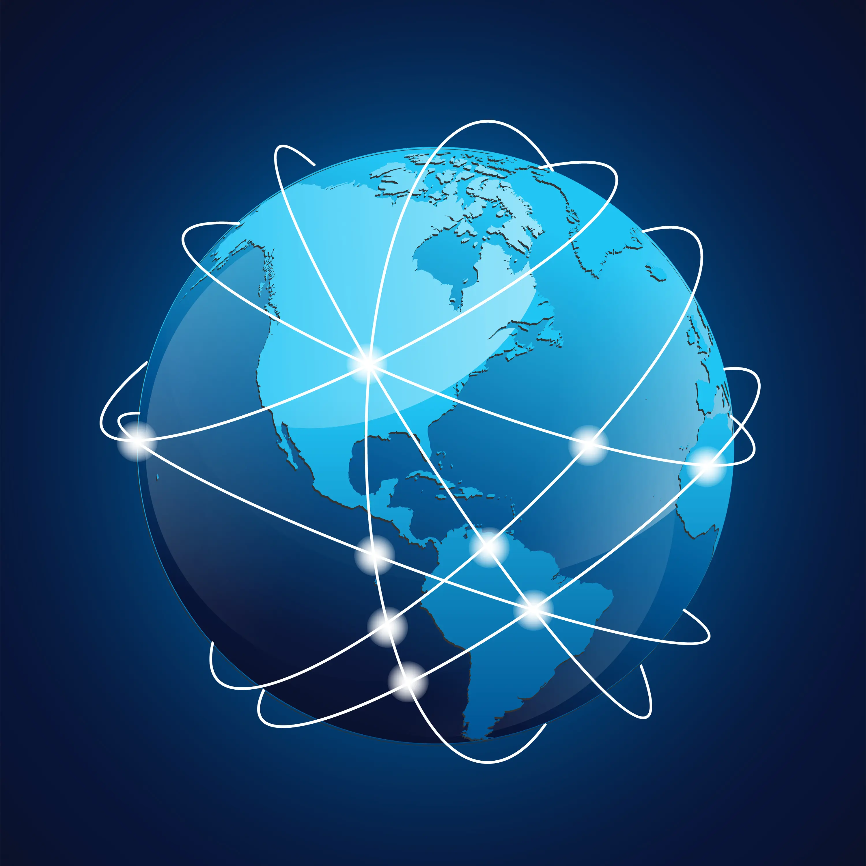 Blue globe showing North and South America with white glowing lines and points representing global network connections.