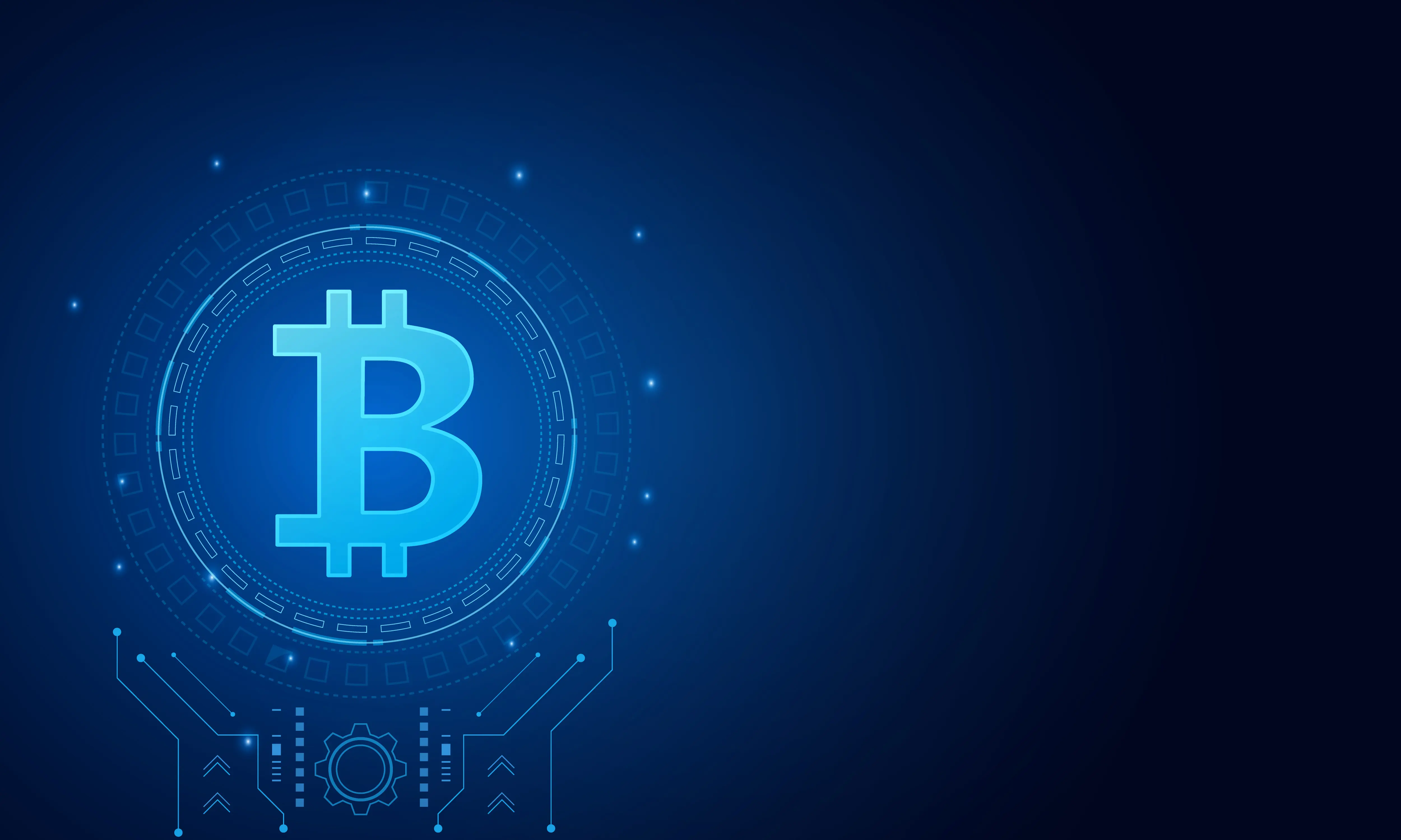Glowing blue Bitcoin symbol surrounded by digital circuit patterns on a dark blue background.