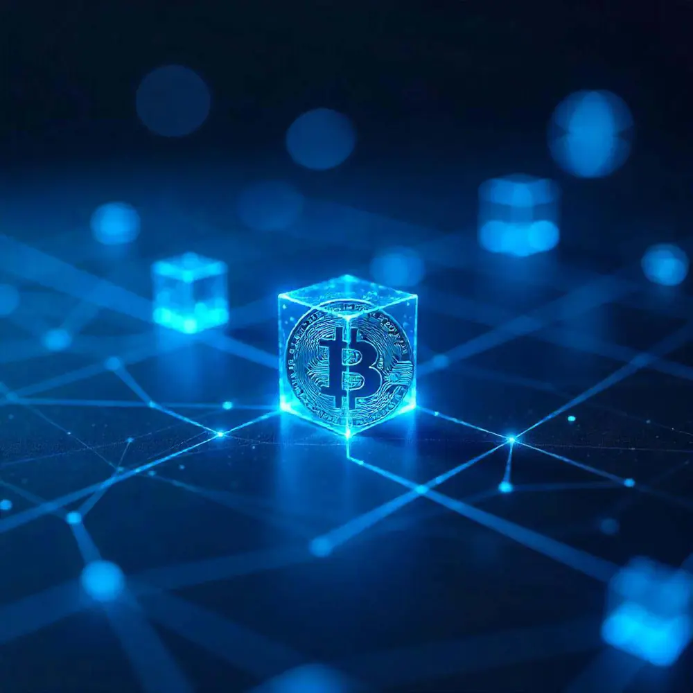 Glowing blue Bitcoin symbol encased in a transparent cube connected by a network grid on a dark background.