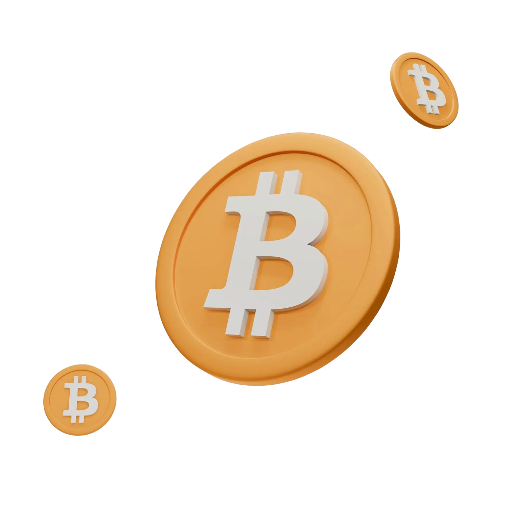 Three orange 3D Bitcoin coins with white Bitcoin symbols floating on a black background.