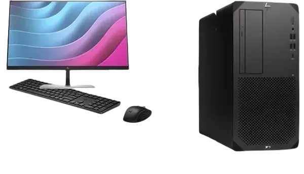 Desktop computer setup with widescreen monitor displaying blue and purple wave patterns, black keyboard, black mouse, and black tower case.