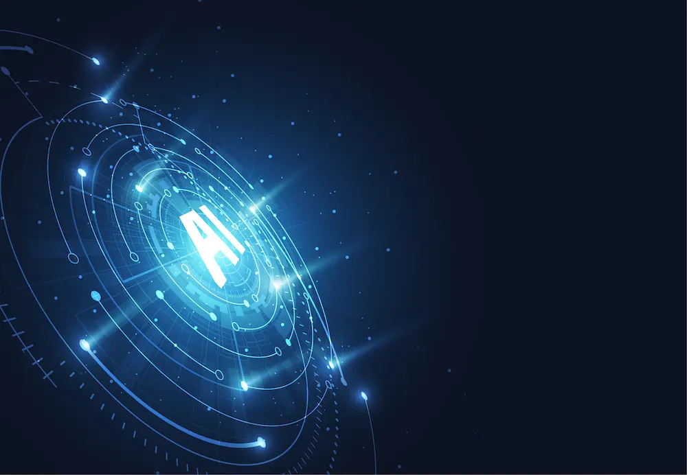 Glowing blue circular digital interface with 'AI' text at the center on dark background.
