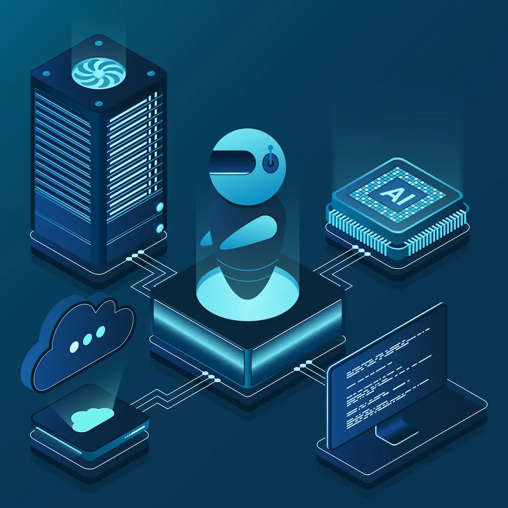 Isometric illustration showing AI integration with a robot figure connected to cloud storage, a server, a microchip labeled AI, and a computer screen displaying code.