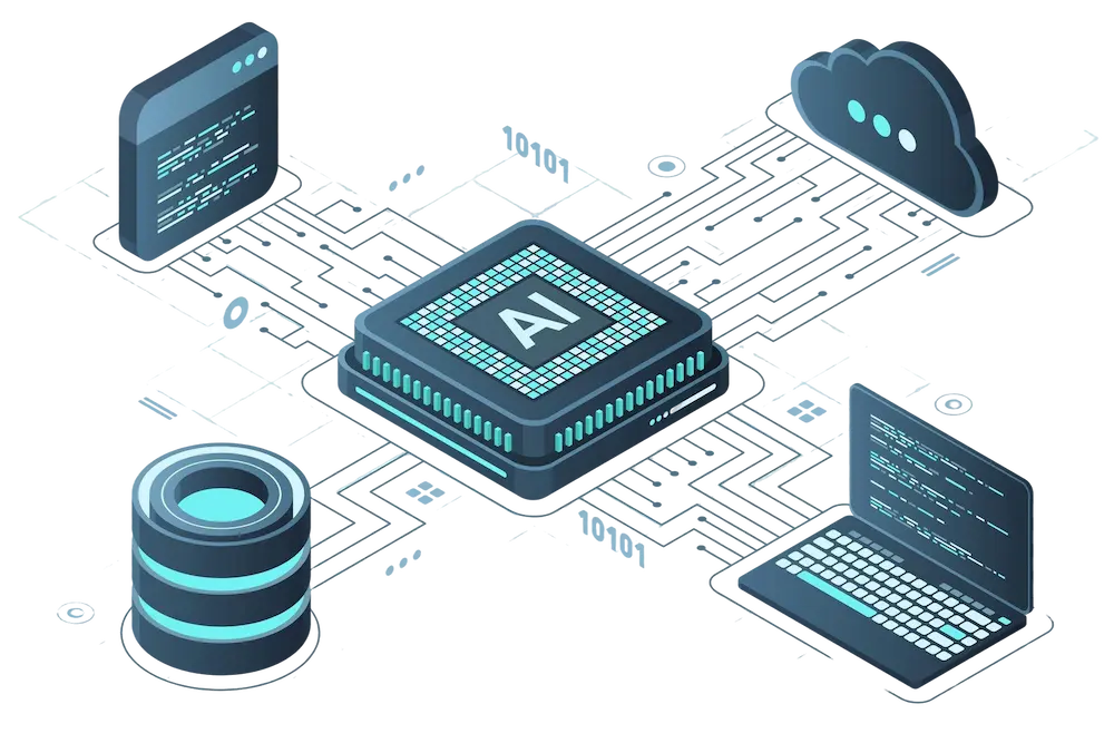 3D illustration of a central AI chip connected to a cloud, a laptop displaying code, a database, and a data window, symbolizing AI data processing and integration.