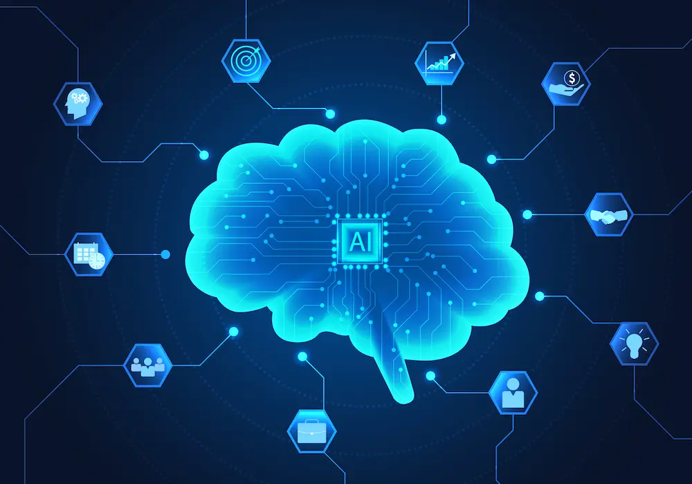Glowing blue digital brain with AI chip at center connected to icons representing ideas, targets, growth, finance, teamwork, and scheduling.