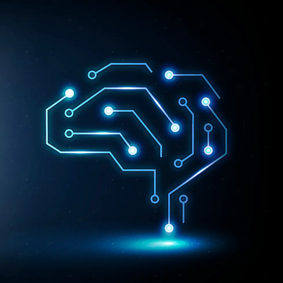 Glowing blue circuit board lines forming the shape of a brain on a dark background.