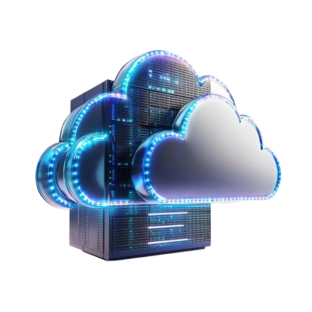 Digital cloud icons with glowing blue outlines superimposed over a server rack symbolizing cloud computing and data storage.