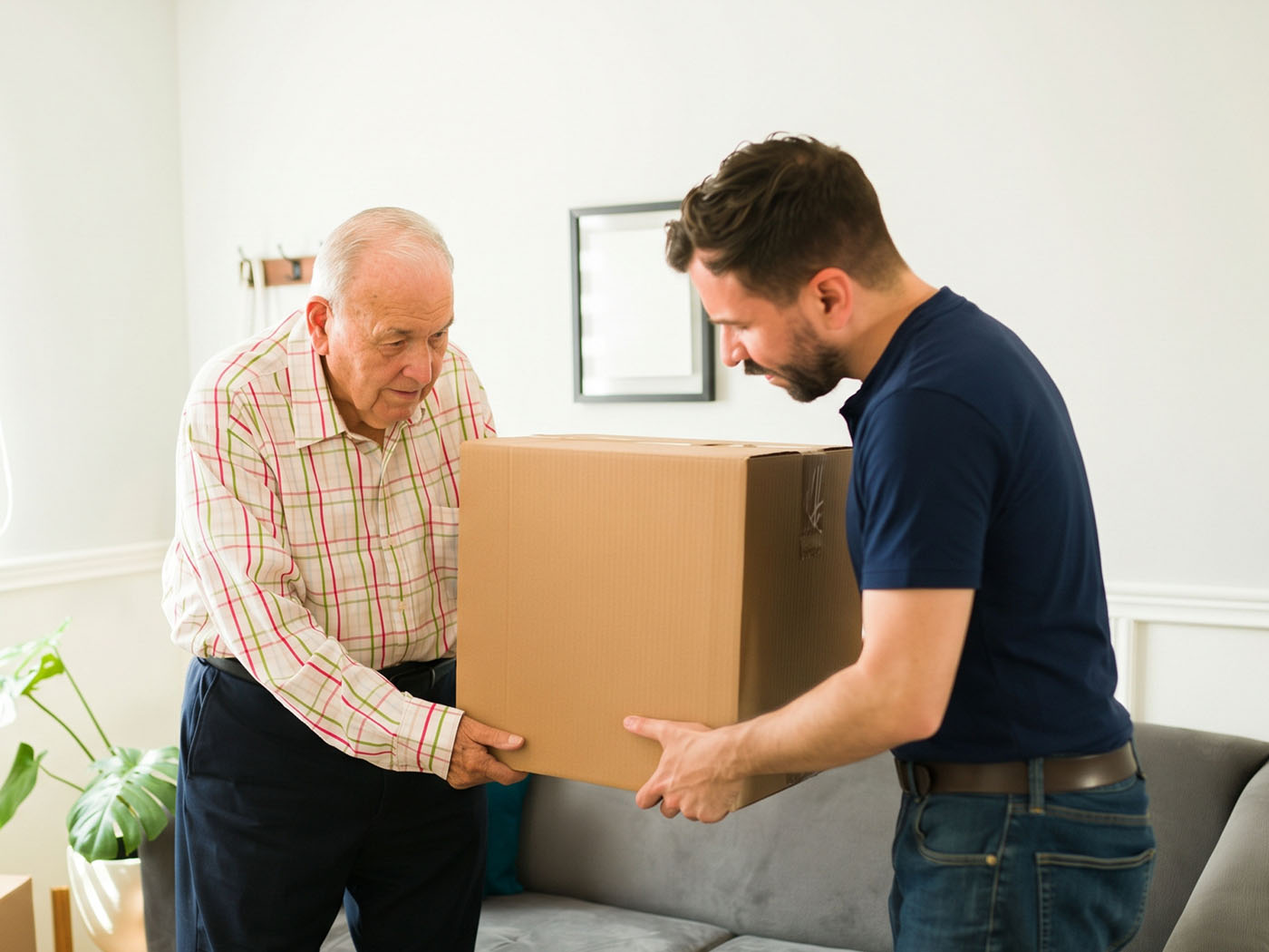 An elderly man and a younger man lifting a large cardboard box together inside a living room with a plant, couch, and framed picture in the background.