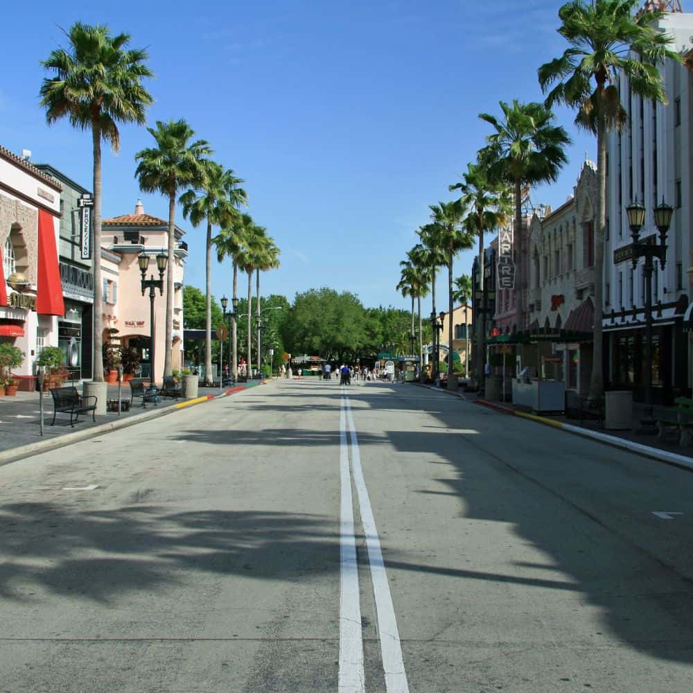 Palm-lined street with shops on both sides under a clear blue sky