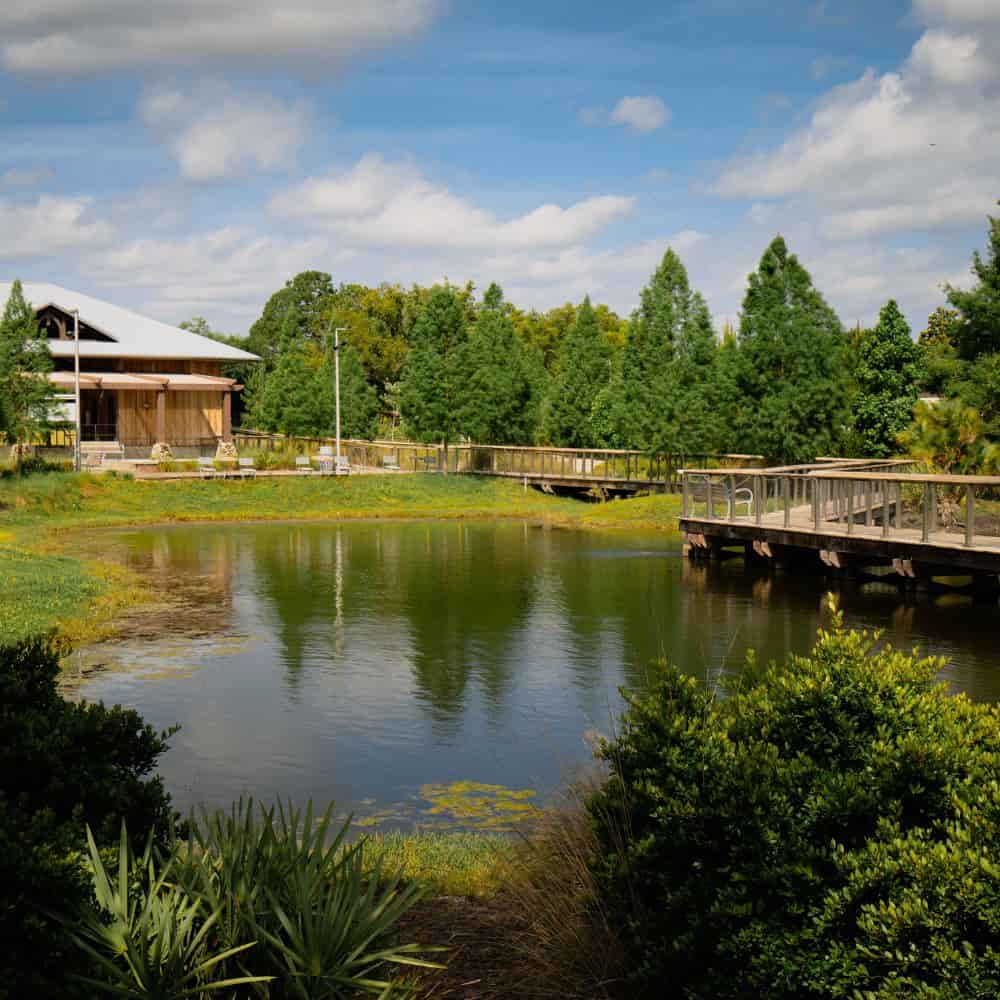 Wooden boardwalk and pavilion beside a pond in Longwood, Florida
