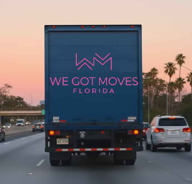 Navy We Got Moves Florida moving truck driving on a Florida highway at sunset